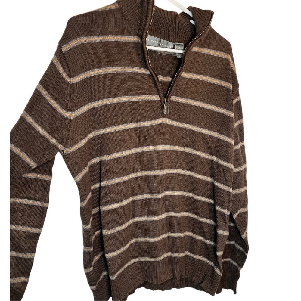 Oscar De La Renta Vintage Y2K Brown Striped Quarter Zip Sweater Pullover L